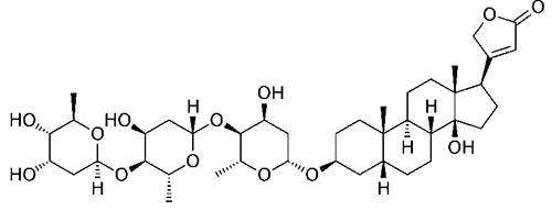 Chemische Strukturformel von Digitoxin: ein Steroidgerüst mit Lactonring und drei Zuckerbausteinen